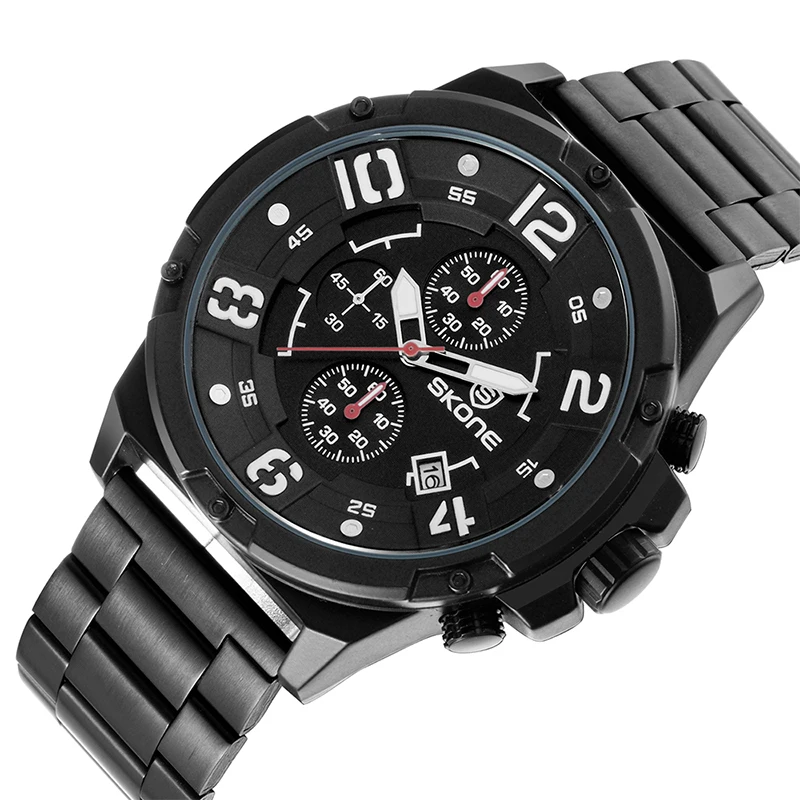 

SKONE Fashion Watch Men Quartz Analog Clock Stainless Steel Strap Chronograph 3 Dial 6 Hand Calendar Multifunction Wristwatches