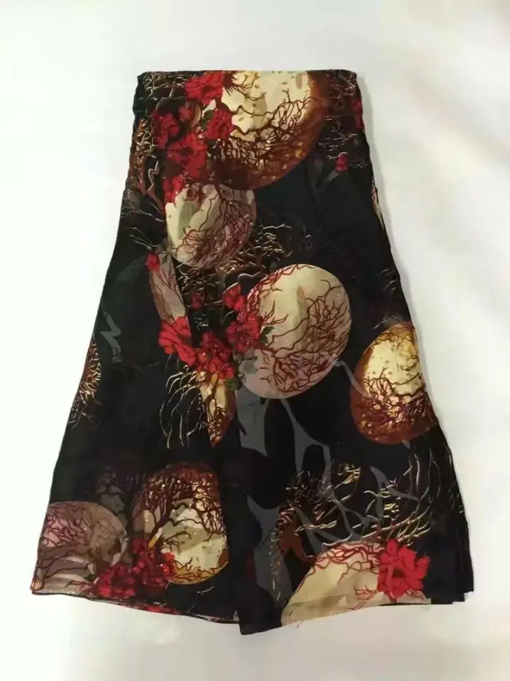5Yards/pc Fashion black silk chiffon and nice pattern african smooth soft lace fabric with rhinestone for dress JS23-5 | Дом и сад