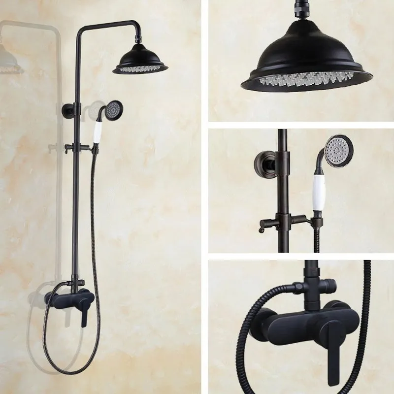 

Black Oil Rubbed Bronze Wall Mounted Bathroom Rainfall Shower Faucet Set Single Lever Mixer Tap 8.2 inch Rain Shower Head ahg157