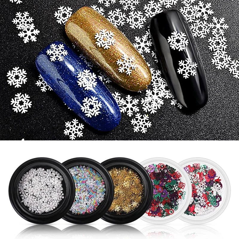 

PinPai 5 Styles Winter Christmas Snowflake Nail Sequins Gold Metal Glitter Nail Tips Manicure Snow Flower Decoration Accessories