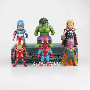 

ALEN 6pcs Cute Mini The Avengers Ultron Captain America Thor Hulk Spider Ironman Solid Set 9cm PVC Action Figure Model opp bag