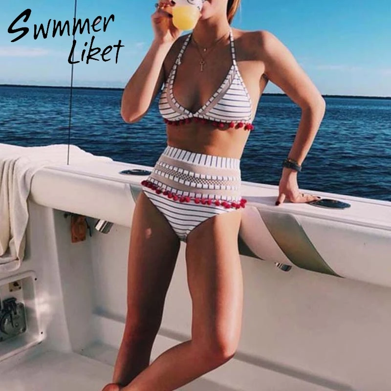 Halter girls swimsuit triangle sexy bikini set High waist black swimwear women 2018 bathing suit Push up mesh two-piece suits XL