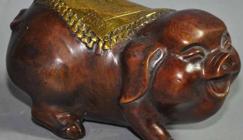 

5" chinese fengshui bronze gilt animal zodiac pig Swine lucky auspicious statue