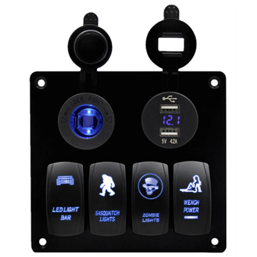 

Waterproof 4 Gang Switches Panel Voltmeter Circuit Breakers Power Socket Double USB Adapter Flush Mount Car Marine Boat Rocker