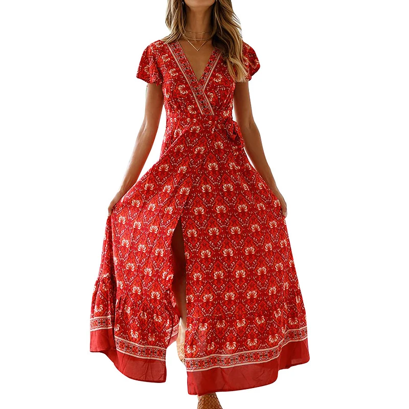 

Fashion Summer Women Slim High Waist Split Dresses Boho Flowers Print Sexy V-Neck Flare Sleeve Ankle Length Dress Vestidos