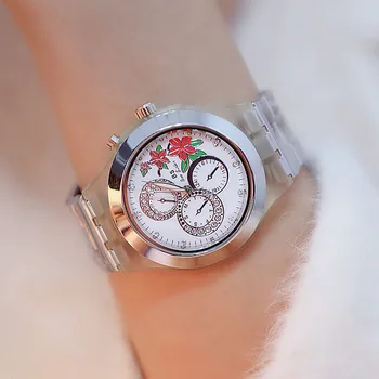 

New Hot White Black Silver Without Digital Scale Round Red Flower Table High-end Linked List Fashion & Casual Chronograph