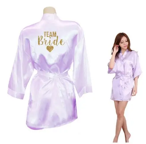 Kimono Robe Faux Silk Women Wedding Preparewear Bride Team Heart Golden Glitter Print Robes Bachelorette Pajamas