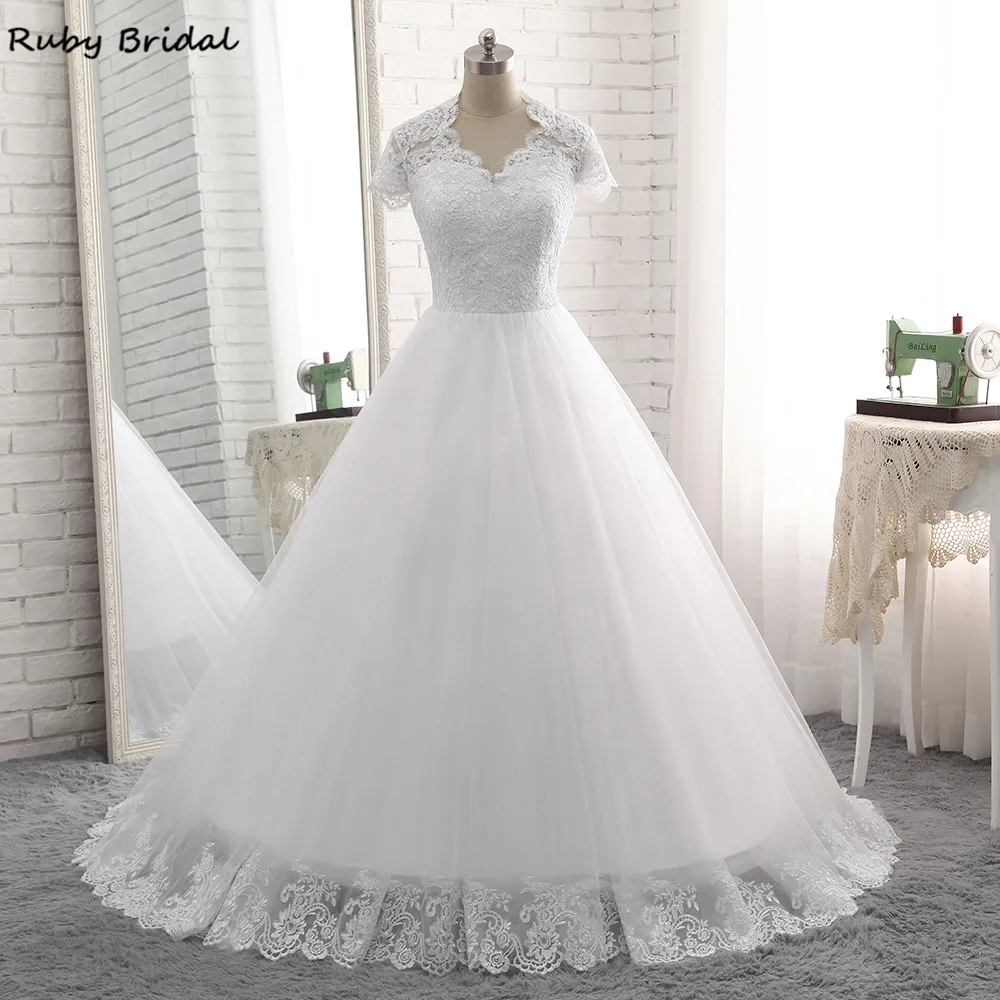 Ruby Bridal Элегантное Длинное Свадебное платье трапециевидной формы недорогое белое Тюлевое свадебное платье с кружевной аппликацией и коротким рукавом PW7