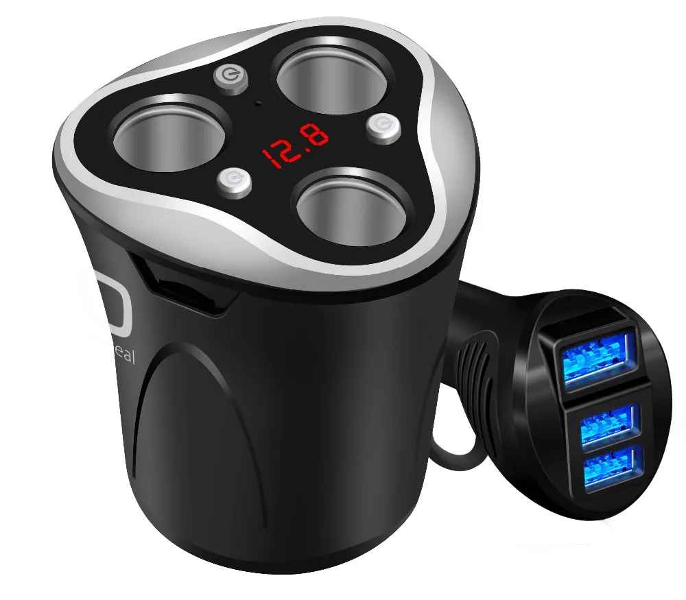 

car charger 2 USB with 3 sockets power adapter Water cup shape with battery display and independent switch control
