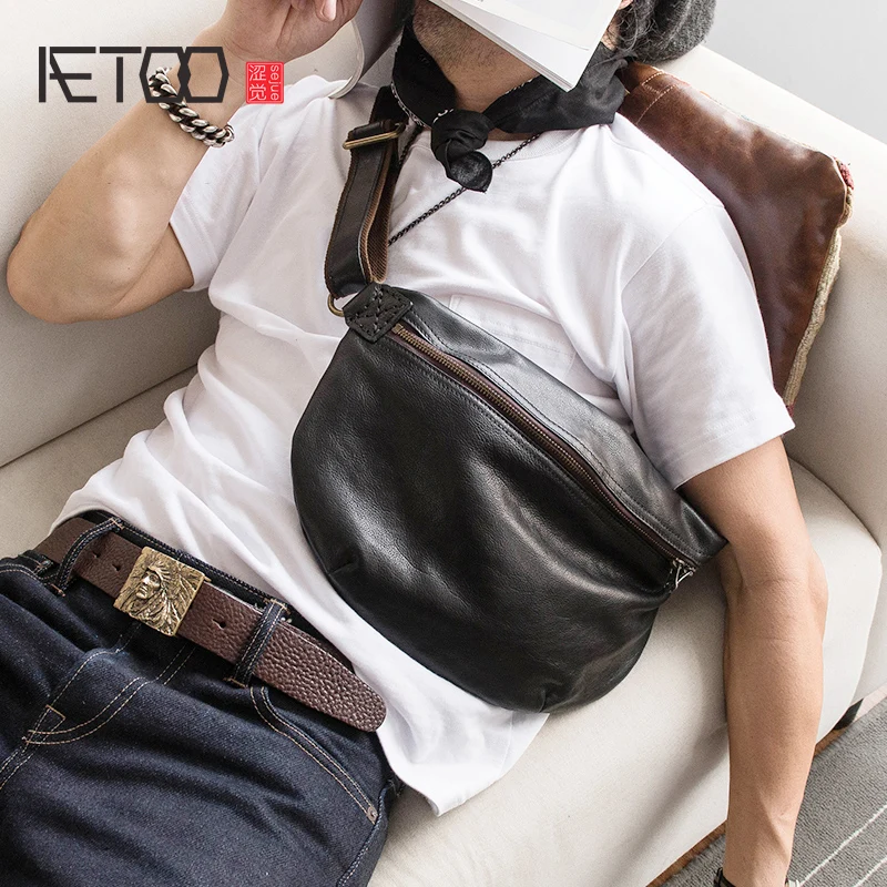 

BJYL Trendy Japanese-style chest Baotou cowhide oblique carry retro male casual leather bag