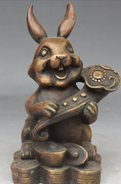 

20CM Chinese Bronze Wealth Yuanbao Zodiac Year Animal Rabbit Statue