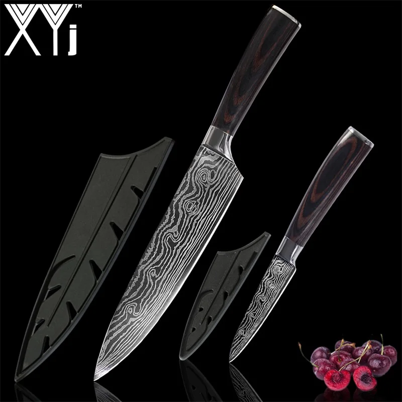 XYj 8 дюймов нож шеф-повара из нержавеющей стали имитация дамасской стали Santoku кухонные ножи Кливер нож для нарезки подарок нож - Цвет: 2 Pcs Knives Set