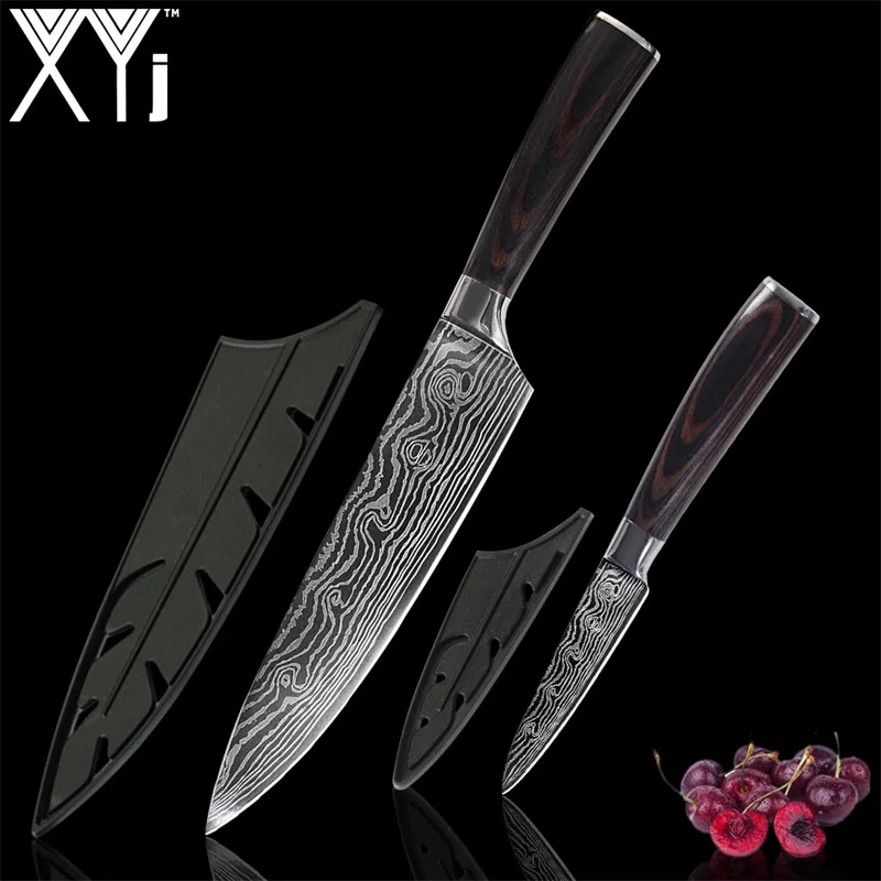 2 Pcs Knives Set XYj 8 дюймов нож шеф-повара из нержавеющей стали имитация дамасской стали Santoku кухонные ножи Кливер нож для нарезки подарок нож - Цвет: 2 Pcs Knives Set