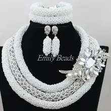 Нигерийский, индийский свадебный бисер Ювелирные наборы белый серебряный Африканский комплект с колье AIJ317