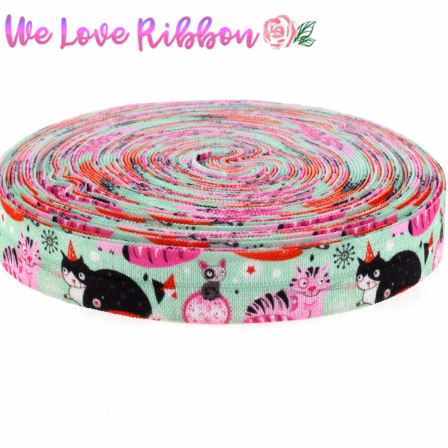 

5/8"16mm Cute Cat Patterns Printed Fold Over Elastic Ribbon DIY Gift Pack Stuffs Hair Band Making 10yards/roll MD1501016-22-2500