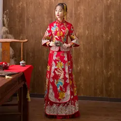Изысканный Вышивка для женщин брак платье Vestidos Китайский Винтаж Феникс Набор Ципао Азиатский невесты свадебное Cheongsam леди подарок