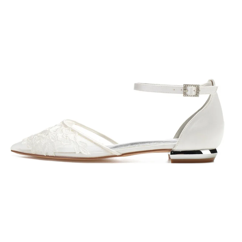 Creativesugar lady satin mesh dress shoes pointed toe ankle strap bridal wedding flats with lace applique sweet girl princess 2