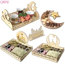 QIFU-Bandeja de postres de madera Eid MUBARAK para decoración del hogar, colgante de decoración de Ramadán, decoración de fiesta musulmana islámica EID Al Adha