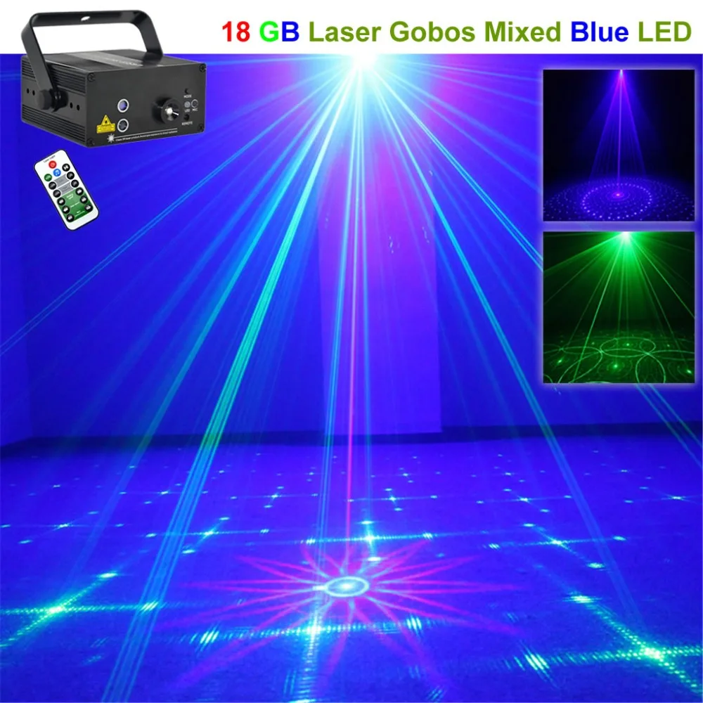 

Mini 3 Len Music Remote Green Blue 18 Pattern Laser Projector Lights 3W Blue LED Mixing Effect DJ Party Home Stage Lighting 18GB