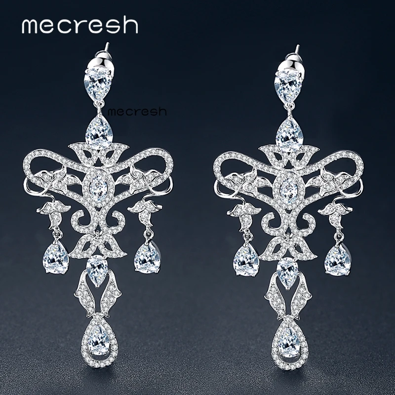 Mecresh Korea Style White Gold Color Large Statement Earrings for Women CZ Chandelier Wedding Dangle Drop Female EH1076 | Украшения и
