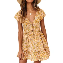 Желтое женское летнее платье с цветочным принтом, новинка, Брендовое богемное платье, женское пляжное Мини Короткое платье, сарафан
