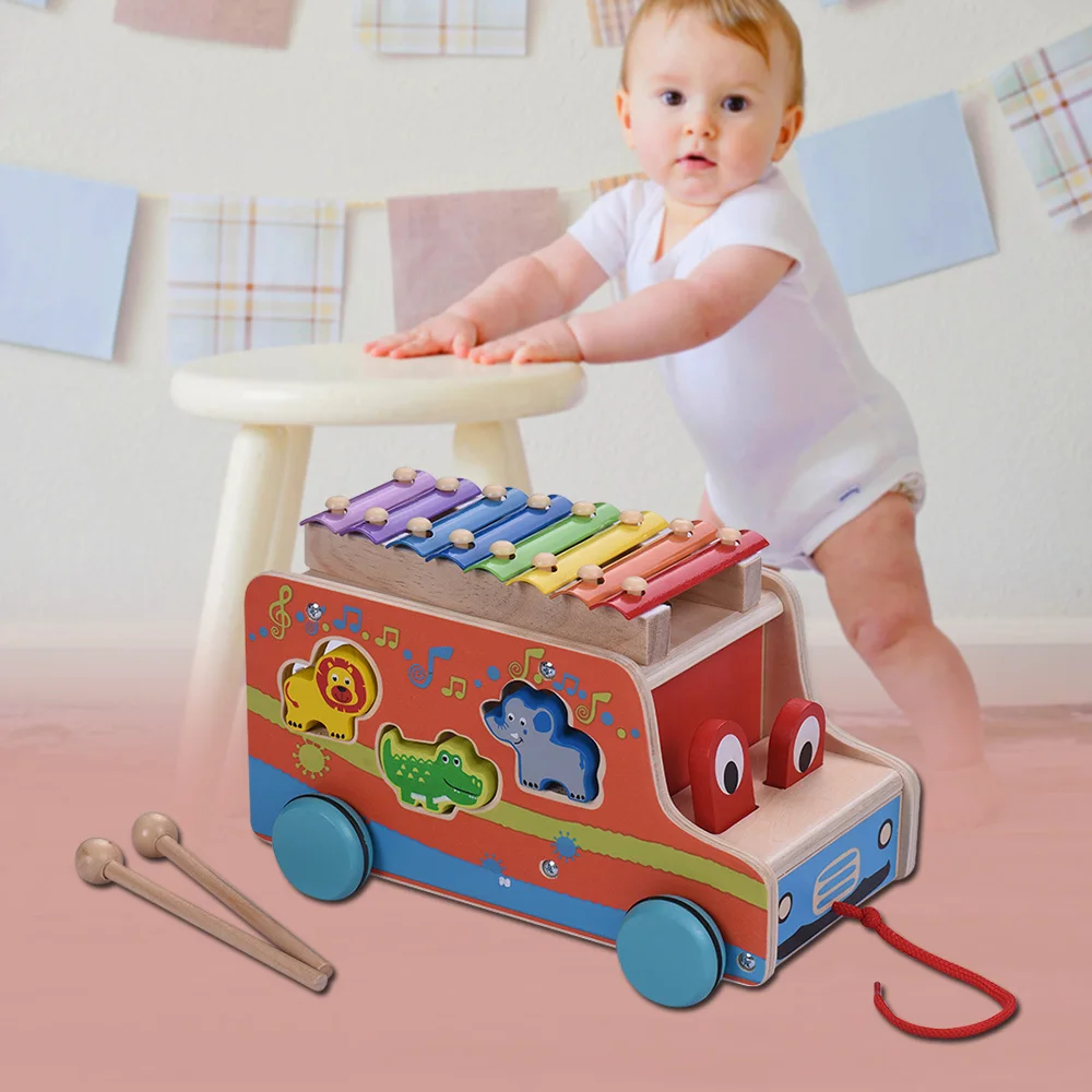 

Educational Percussion Instrument Toy Multifunctio Wooden Pull Bus with 8 Notes Xylophone Glockenspiel Music Brinquedos for Kids