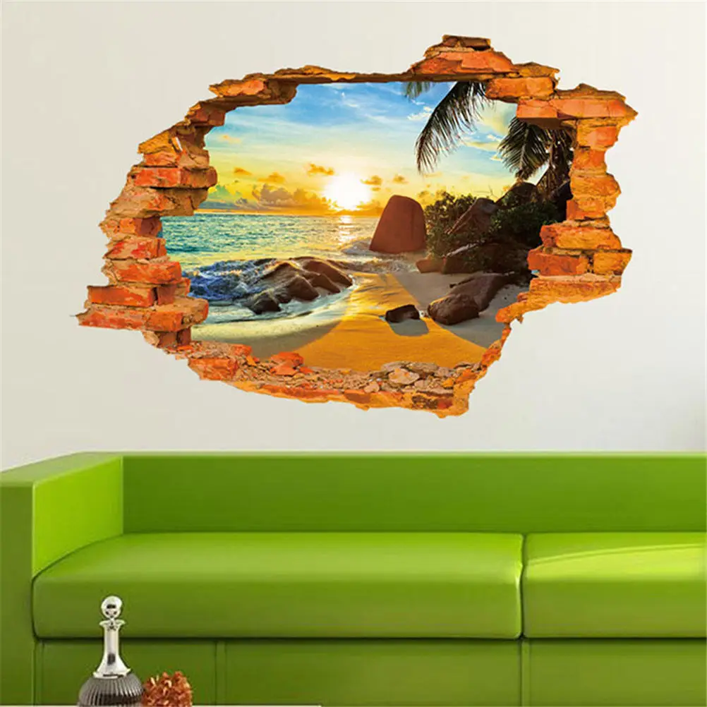 

1 PCS Sunshine Beach Window View Removable 3D Wall Stickers For Kids PVC 3D Mural Art Poster Home Decoration On Sale