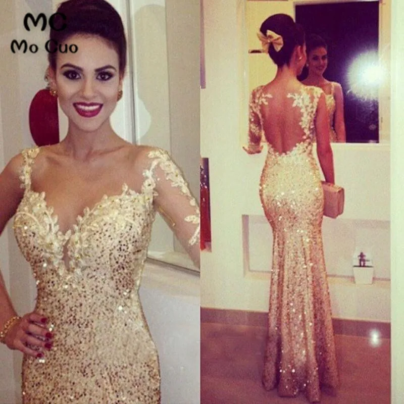 Champagne Sequins Lace Mermaid Long party Gown Evening Dress 2018 One Sleeves for women