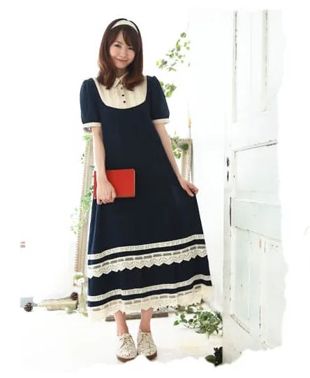 

Japanese Style Mori Girl Lace Layer Maxi Dress Navy Blue Elastic Cotton Short Sleeves Summer Long Dress