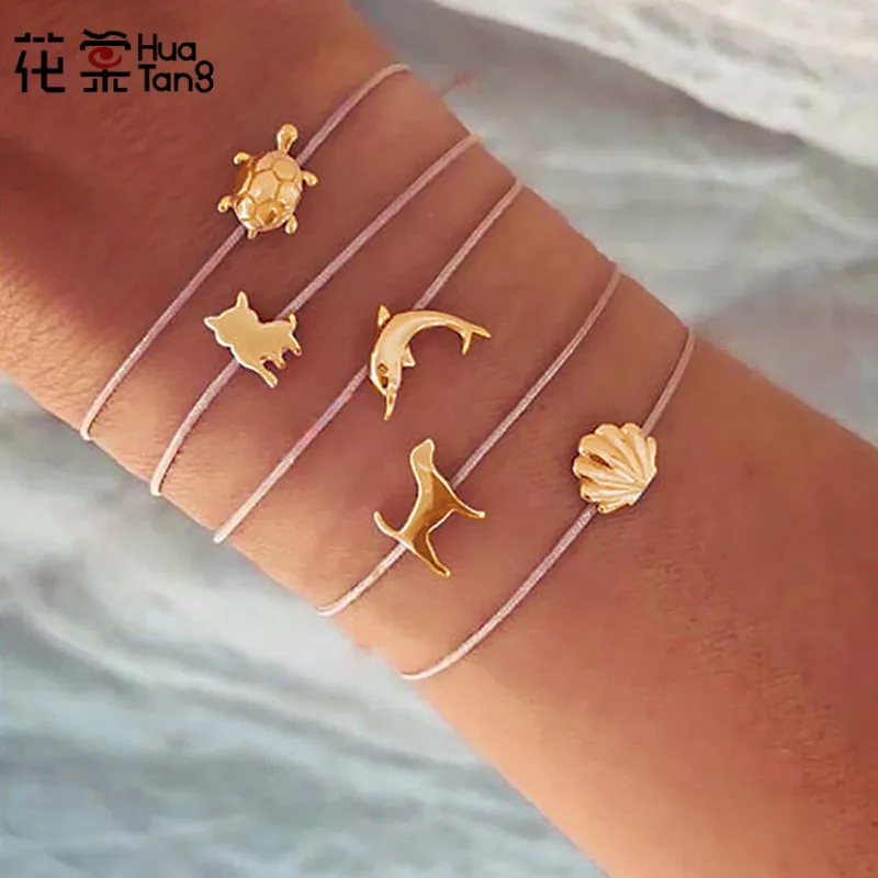 

HuaTang Lovely Tortoise Dog Dolphin Shell Rope Bracelet Set for Women Girl Adjustable Layered Bracelets Jewelry Pulseiras 2597
