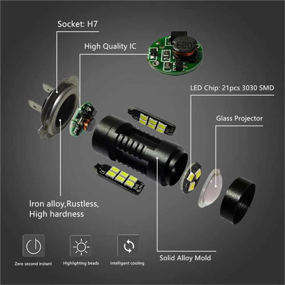 2 шт. H7 светодио дный противотуманных фар 21SMD 3030 фишек 1200LM автомобилей свет лампы ходовые Вождение лампы Авто 12 В белый 6000 К