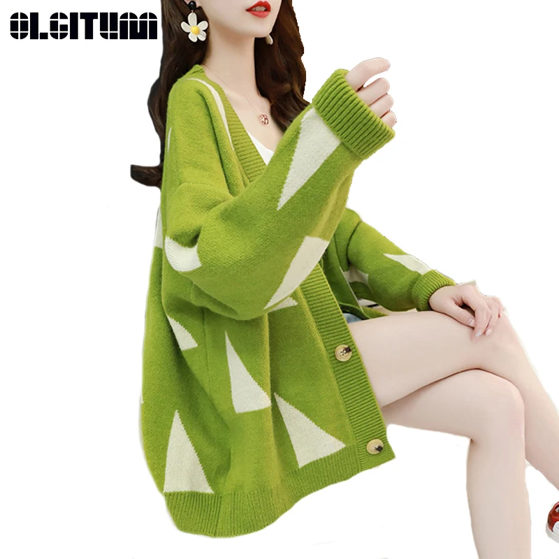 

2019 Women Sweater New V-Neck Long-Sleeved Sweater Cardigan Female Spring Autumn Coat Korean Version Loose Wild Sweater SW1414