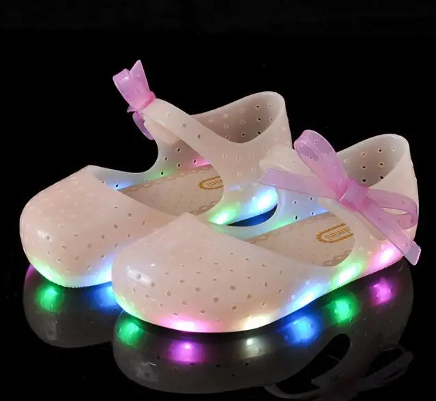 MERI AMMI Kids LED Colorful sandals mini shoe PVC soft outsole children girls bow knot shoes lightening bata children's sandals Children's Shoes