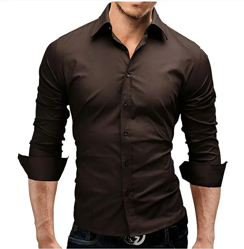 Модная брендовая мужская рубашка с длинным рукавом, топы, облегающие повседневные однотонные мужские рубашки, приталенные деловые мужские рубашки XXXL - Цвет: coffee