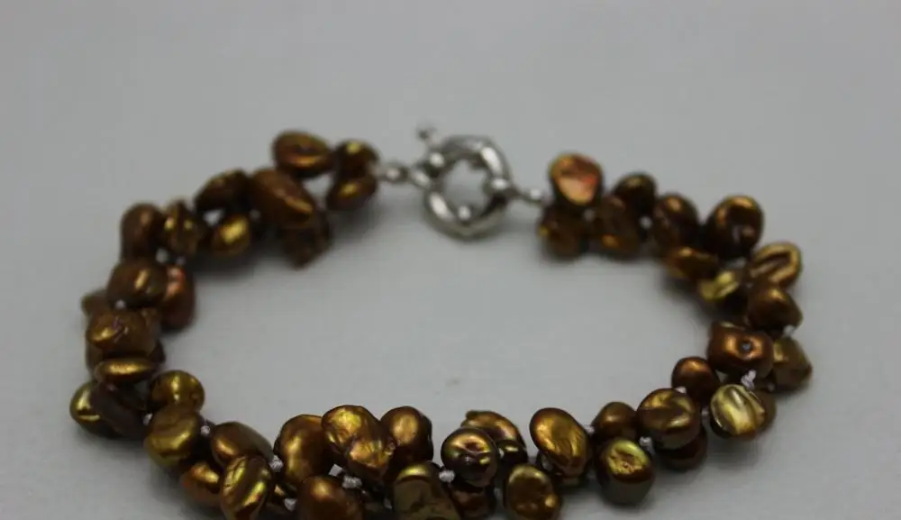 

2 strands light brown keshi reborn pearl bracelet 9INCH 6x9mm"Handmade" Alloy