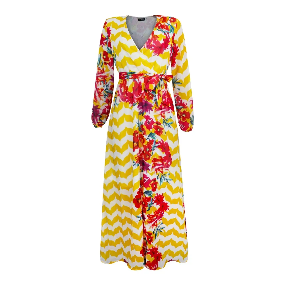 XURU женское пляжное шифоновое длинное платье с принтом, v-образный вырез, длинный рукав, свободное обтягивающее платье, богемное Повседневное платье большого размера, S-3XL-5XL