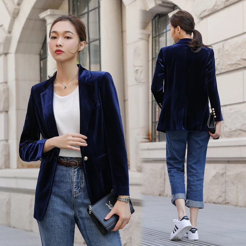 

Women Clothing Exquisite Ladies Suit Blue Gold Velvet Small Suit Short Jacket Female Long-sleeved Shirt Thin Section New