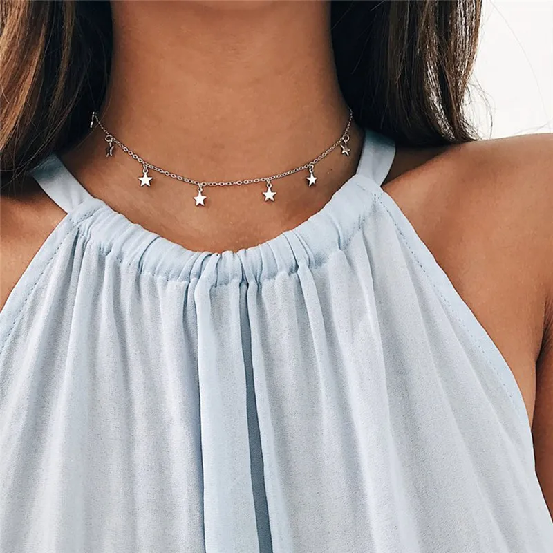 

BOAKO Women Choker boho Necklace Gold Silver Chain Star Choker Necklace Birthday Party Gift Jewelry collares largos de moda Z4