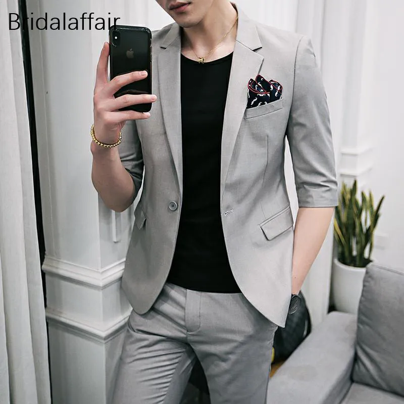 Wonderful Grey Men Suit Slim Fit Male Suits Short Sleeve Tuxedo for ...