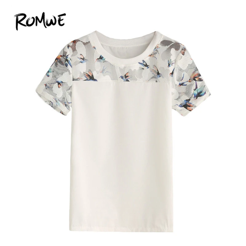 

ROMWE White Bird Print Mesh Insert Top Women Summer Casual Blouses and Tops Round Neck Short Sleeve Slim Blouse