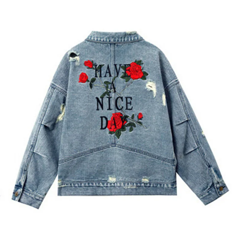 

PERHAPS U women denim jacket blue loose embroidery frayed pocket oversize moto biker punk rose C0090