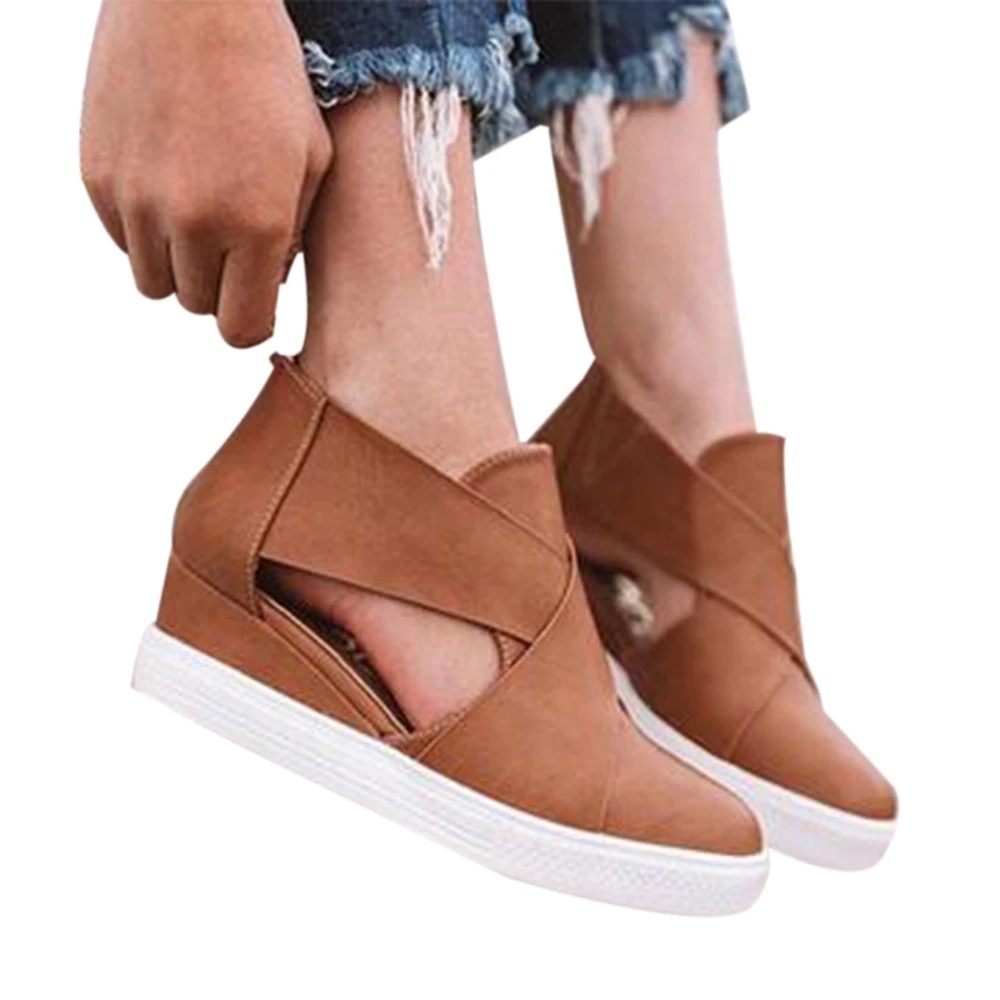 

Autumn Pumps Shoes Women Med Wedges Heel Leather Sandals Summer Pointy Toe Back Zip Side Hollow Shoes Plus Size 43