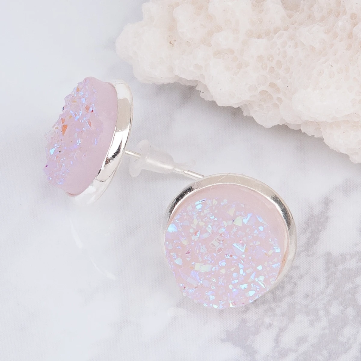 

Doreen Box Copper Post Stud Earrings Round Silver color Light Pink AB Color W/ Stoppers Fashion Jewelry 16mm x 14mm 2017 new