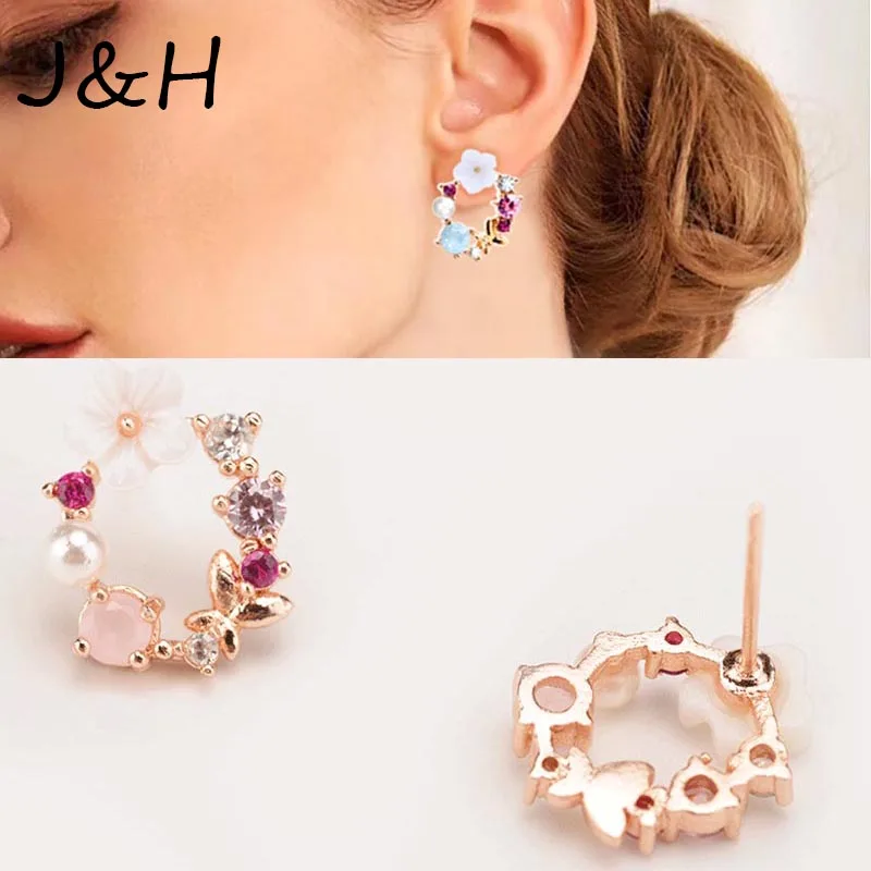 

2019 Fashion Colorful Rhinestone Wreath Stud Earrings For Women Shell Flower Bow Lmitation Pearls Creative Earrings Wedding Gift