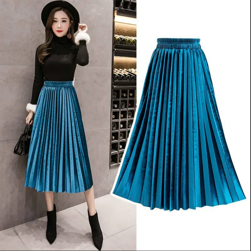 blue velvet pleated skirt