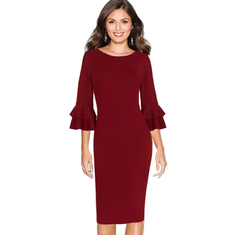 

Vfemage Women Autumn Elegant Flare Bell 3/4 Sleeve Vintage Wear To Work Office Business Cocktail Party Bodycon Pencil Dress 8155
