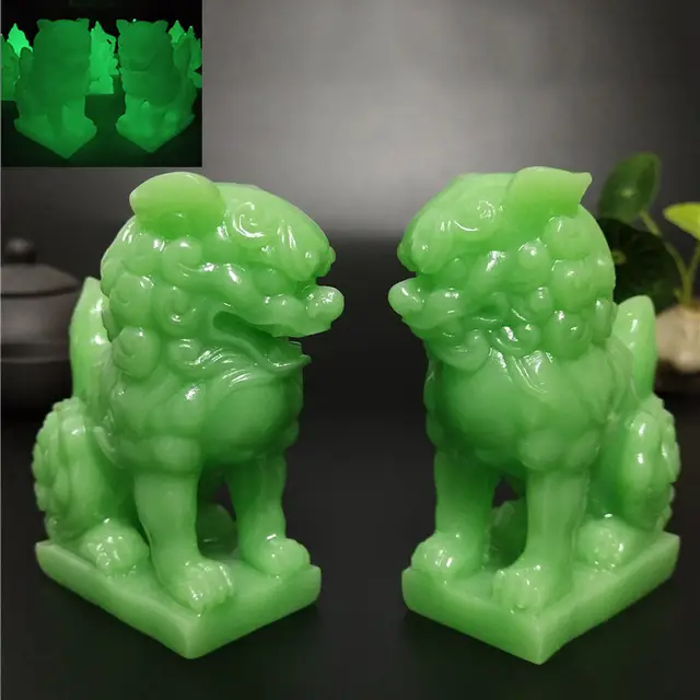 2 Pcs Glowing Chinese Lions Statue Sculptures Luminous Man Made