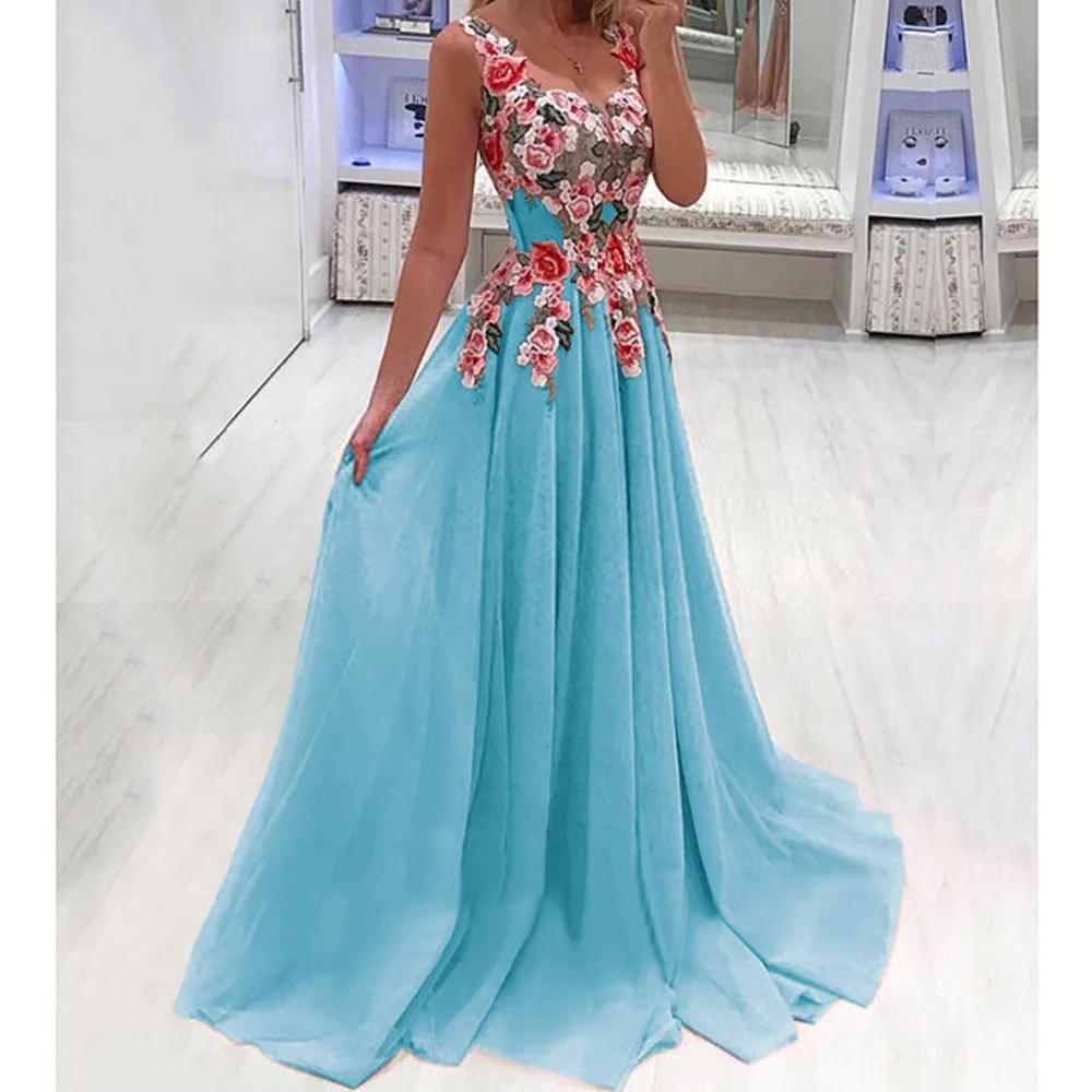 

Women Maxi Dress Summer Lace Applique O-Neck Elegant Blue Sexy Dresses Sleeveless Backless Party Dress Robe Longue Plus Size