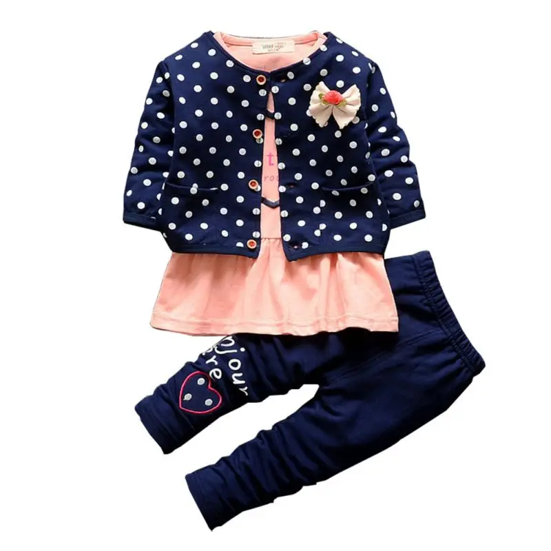 

Baby Girls Clothing Sets 3 PCS Coat + T-shirt + Pants Cute Princess Heart-shaped Print Bow baby girls 6M-4Y P2