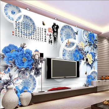 

beibehangWallpaper Mural Home Furnishings Blue and White Porcelain Hotel Background Modern fresco living room papel de parede